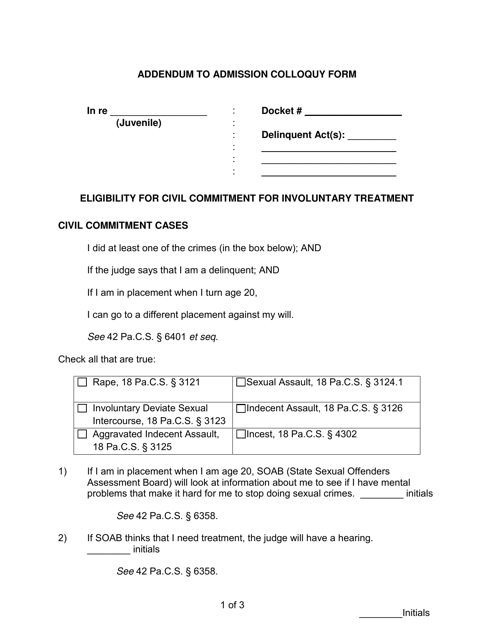 Addendum to Admission Colloquy Form - Snyder County, Pennsylvania Download Pdf