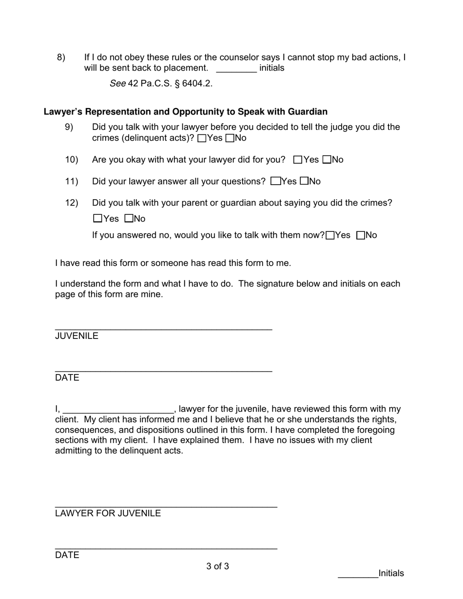 Addendum to Admission Colloquy Form - Snyder County, Pennsylvania, Page 3