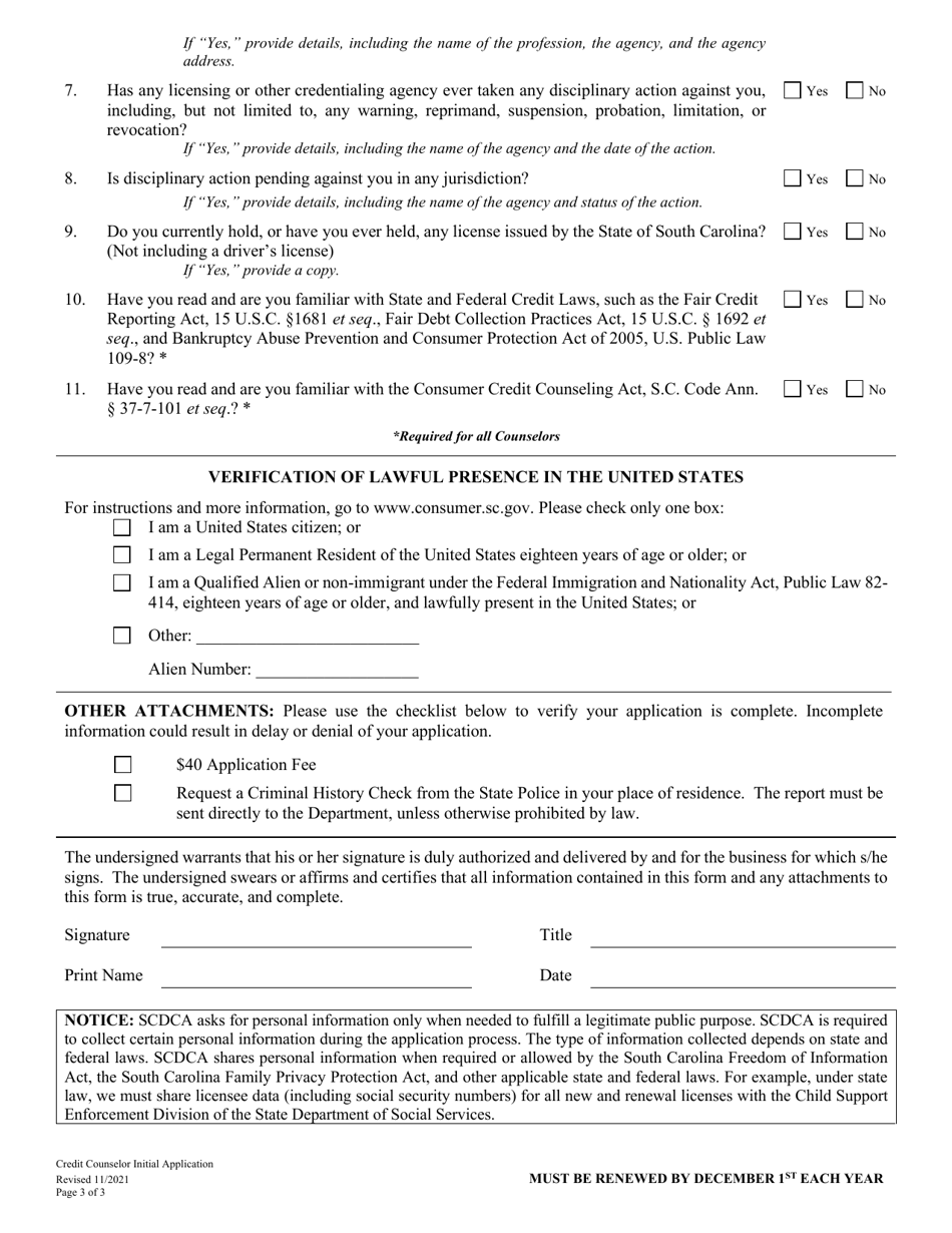 Credit Counselor Initial Application - South Carolina, Page 3