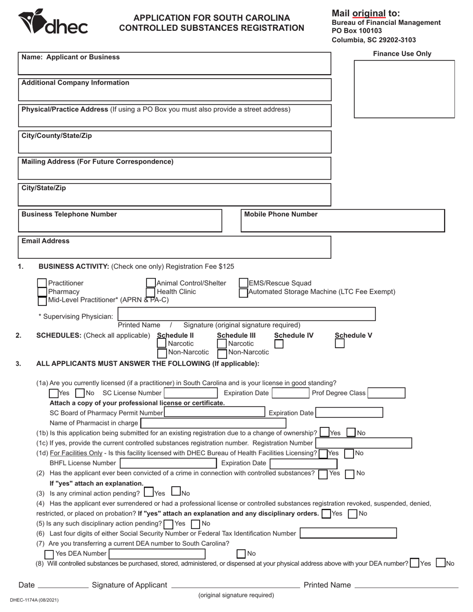 DHEC Form 1174A Application for South Carolina Controlled Substances Registration - South Carolina, Page 1