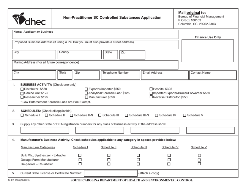 DHEC Form 1026  Printable Pdf