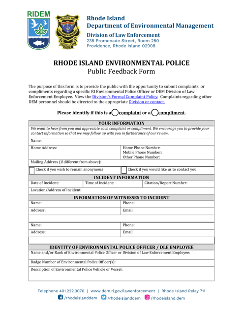 Rhode Island Environmental Police Public Feedback Form - Rhode Island Download Pdf