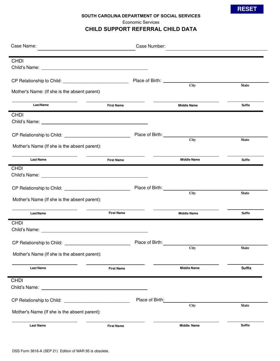 DSS Form 3816-A Child Support Referral Child Data - South Carolina, Page 1