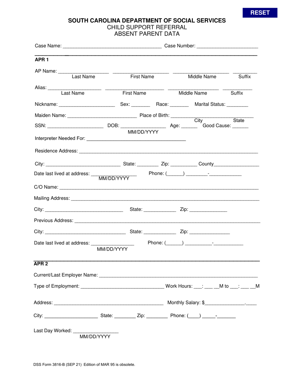 DSS Form 3816-B Child Support Referral Absent Parent Data - South Carolina, Page 1