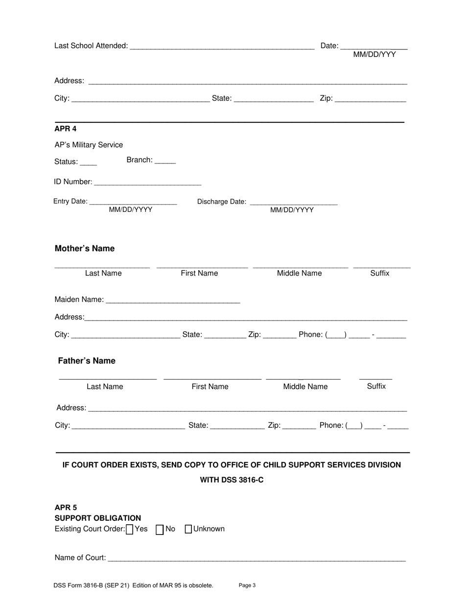 DSS Form 3816-B Child Support Referral Absent Parent Data - South Carolina, Page 3
