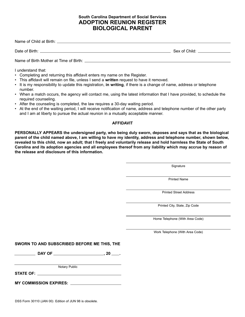DSS Form 30110 Adoption Reunion Register - Biological Parent - South Carolina, Page 1