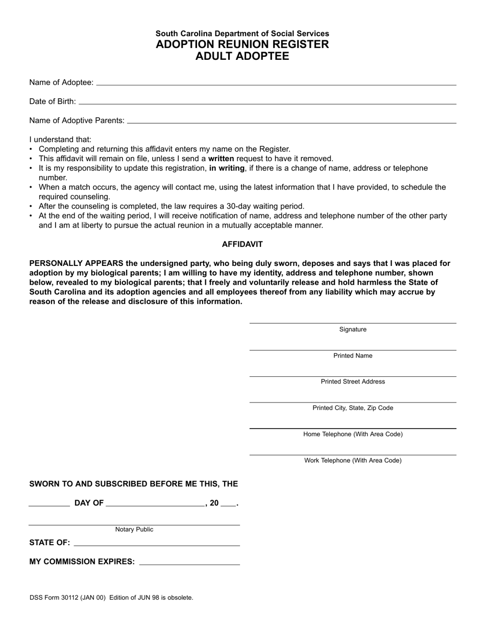 DSS Form 30112 Adoption Reunion Register - Adult Adoptee - South Carolina, Page 1