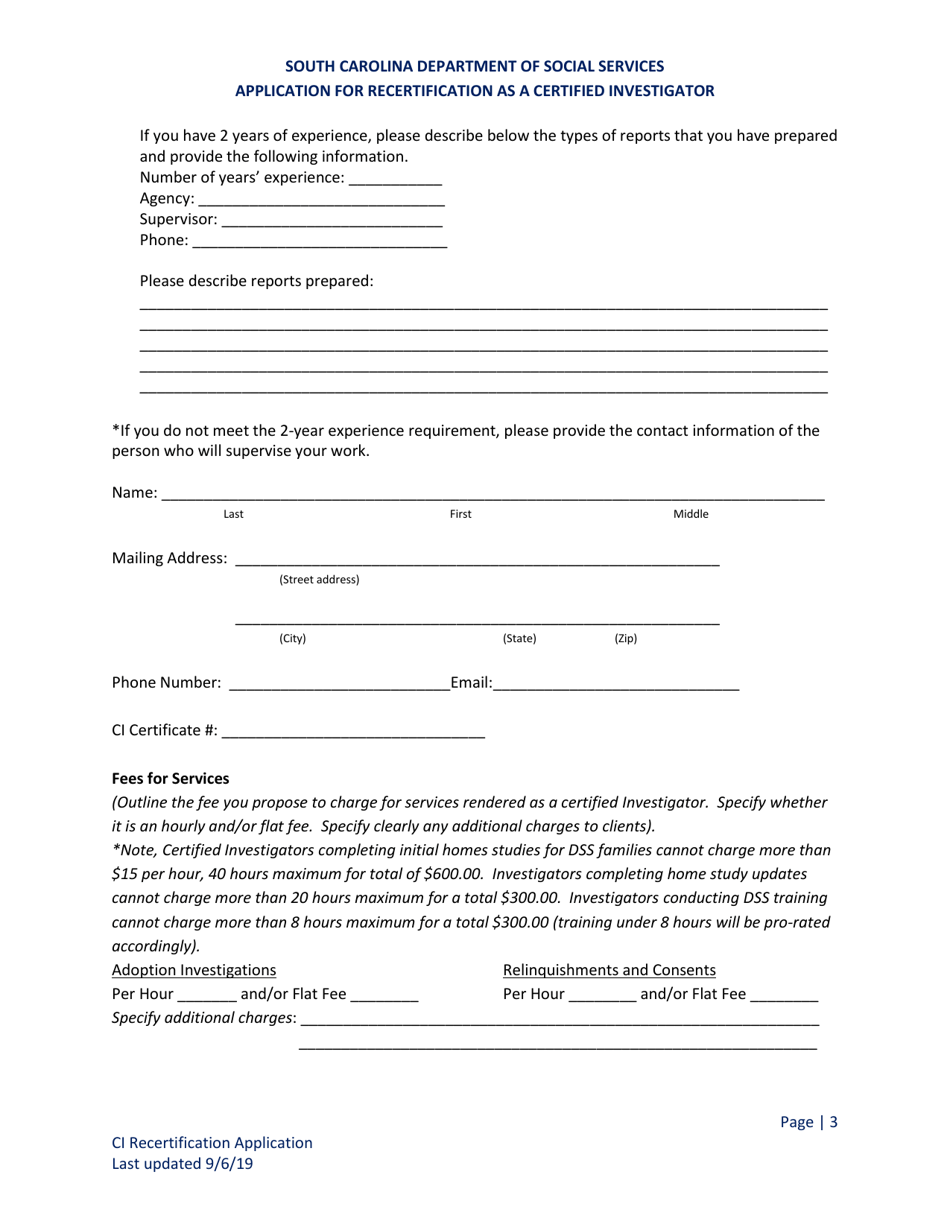 Application for Recertification as a Certified Investigator - South Carolina, Page 3