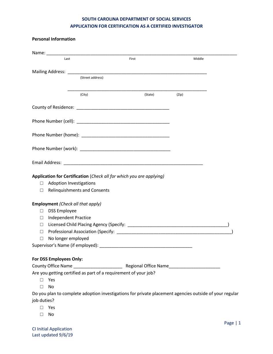 Application for Certification as a Certified Investigator - South Carolina, Page 1