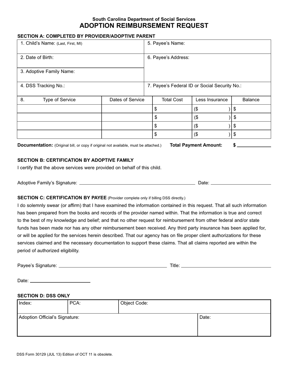 DSS Form 30129 Adoption Reimbursement Request - South Carolina, Page 1