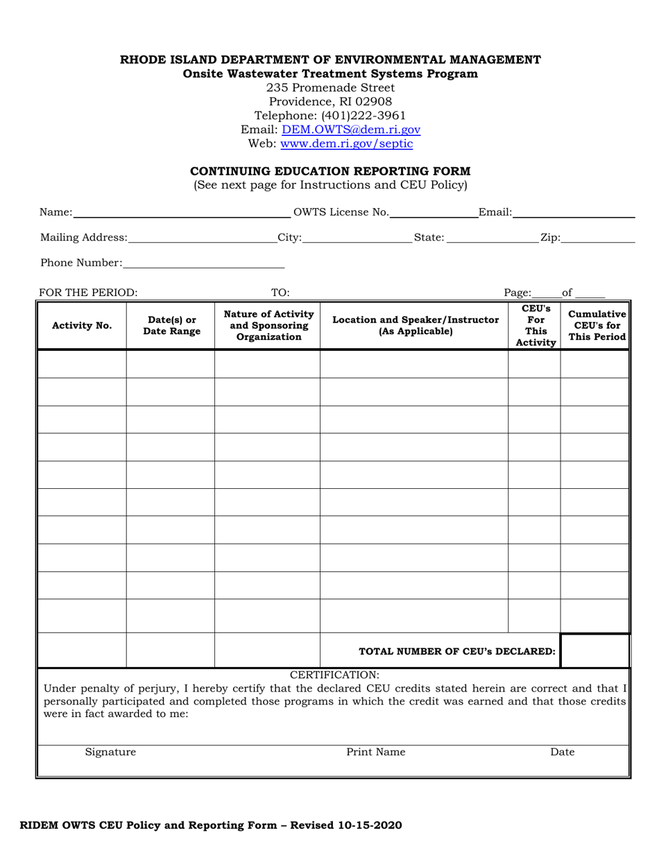 Continuing Education Reporting Form - Onsite Wastewater Treatment Systems Program - Rhode Island, Page 1