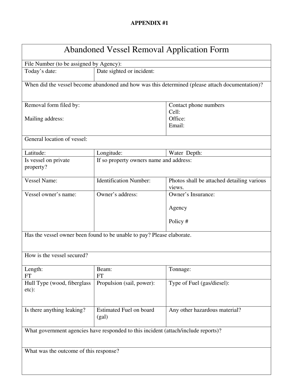 Appendix 1 Abandoned Vessel Removal Application Form - Rhode Island, Page 1