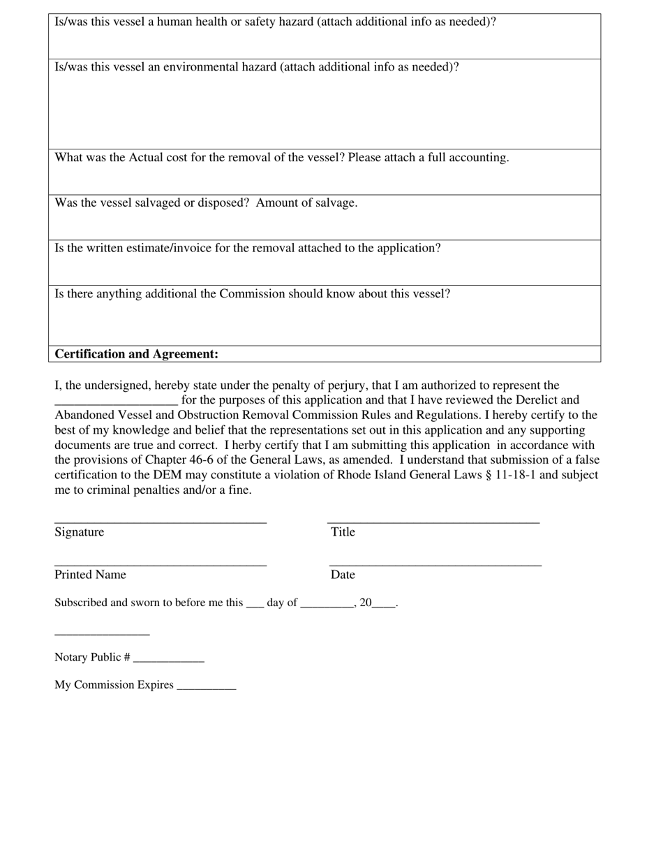 Appendix 1 Abandoned Vessel Removal Application Form - Rhode Island, Page 2