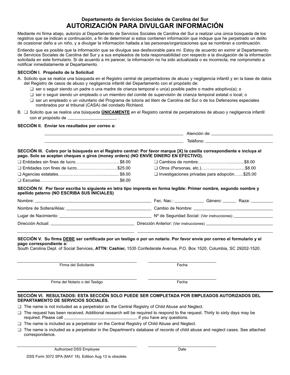 DSS Formulario 3072 SPA Autorizacion Para Divulgar Informacion - South Carolina (Spanish), Page 1