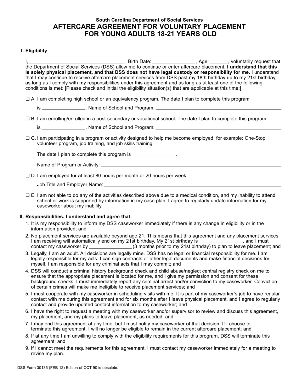 DSS Form 30136 Aftercare Agreement for Voluntary Placement for Young Adults 18-21 Years Old - South Carolina, Page 1