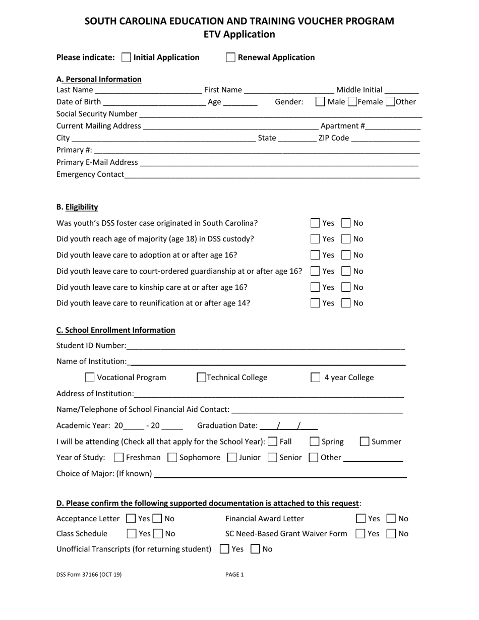 DSS Form 37166 Etv Application - South Carolina Education and Training Voucher Program - South Carolina, Page 1