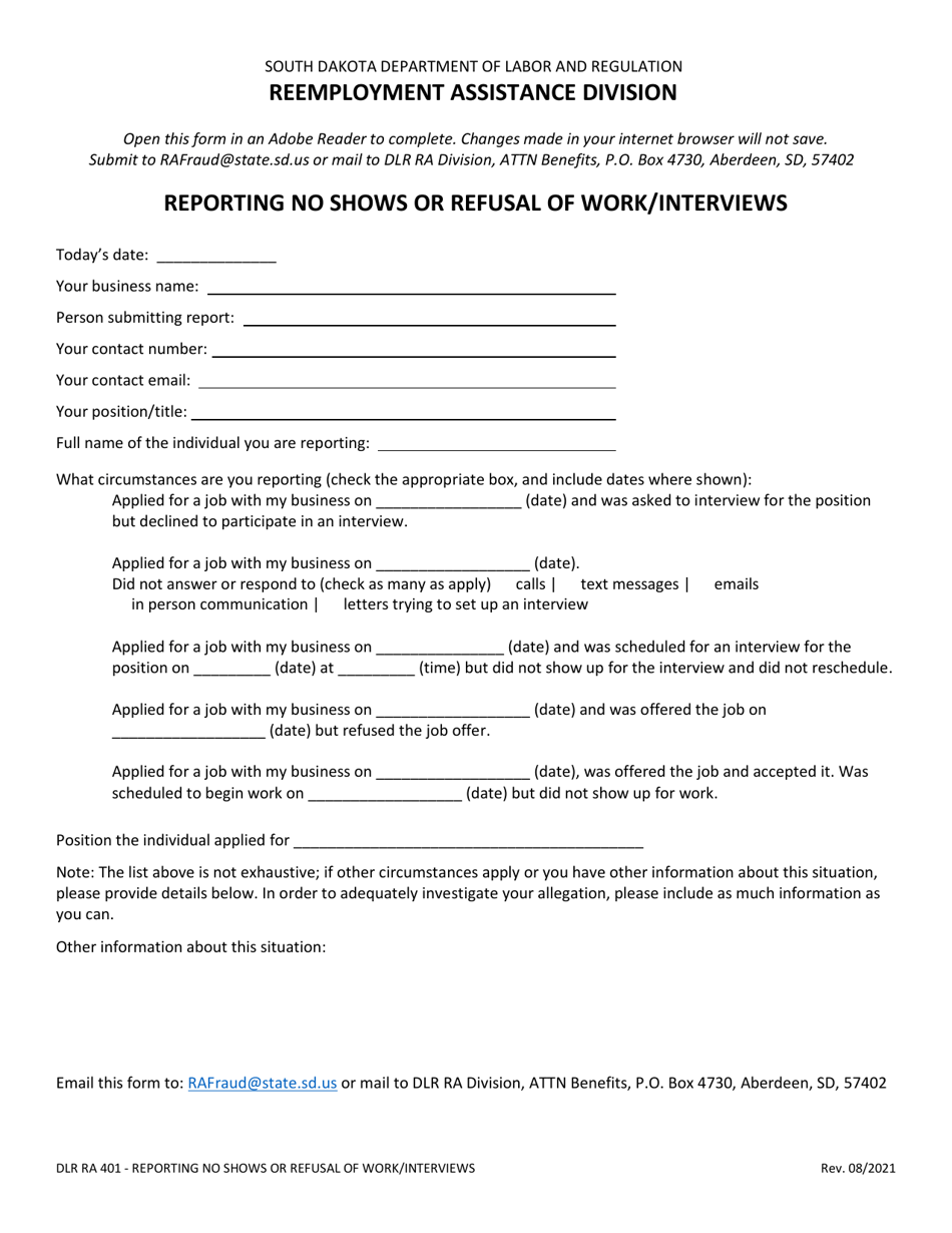 Form DLR RA401 Reporting No Shows or Refusal of Work / Interviews - South Dakota, Page 1