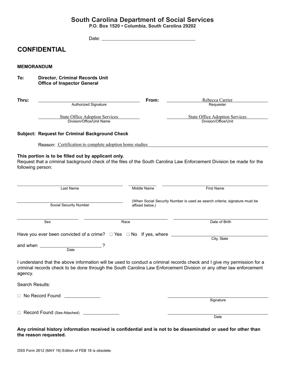 Dss Form 2612 Fill Out Sign Online And Download Fillable Pdf South Carolina Templateroller 4766