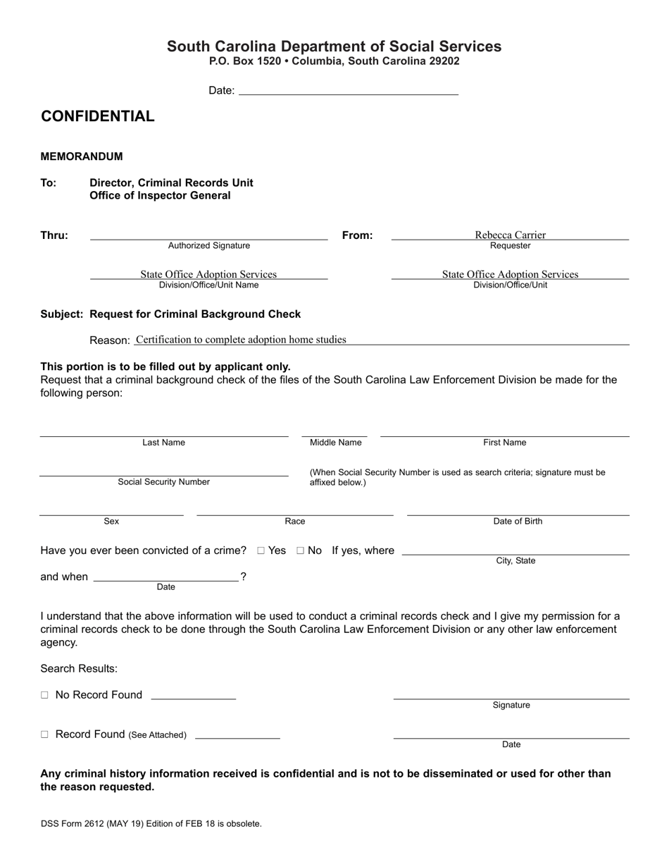 DSS Form 2612 Request for Criminal Background Check - South Carolina, Page 1