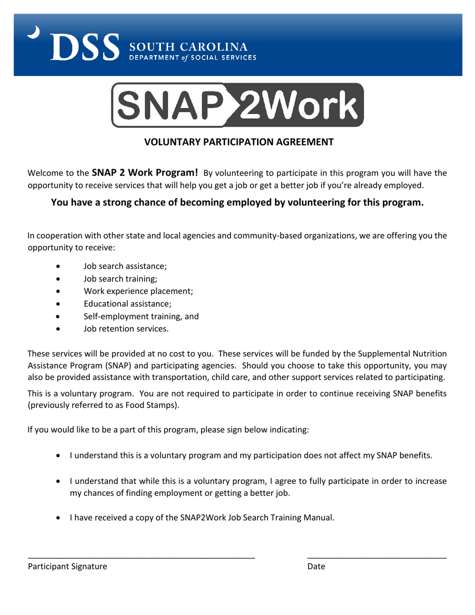Voluntary Participation Agreement - Snap2work Program - South Carolina, Page 1