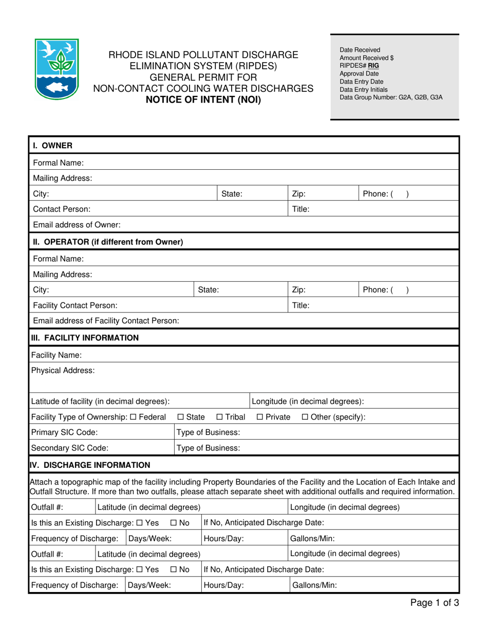 General Permit for Non-contact Cooling Water Discharges - Notice of Intent (Noi) - Rhode Island, Page 1