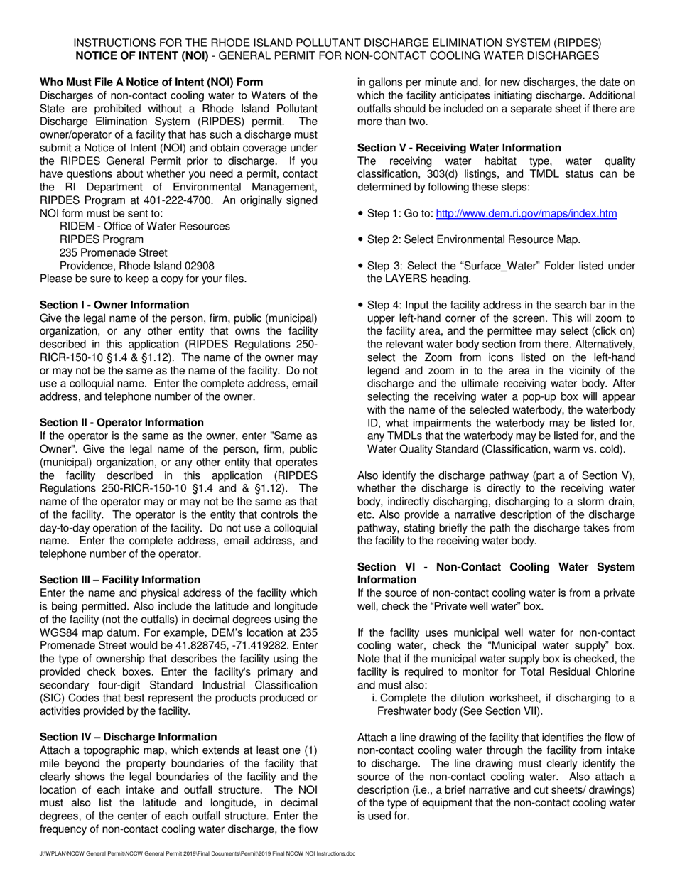 Instructions for General Permit for Non-contact Cooling Water Discharges - Notice of Intent (Noi) - Rhode Island, Page 1