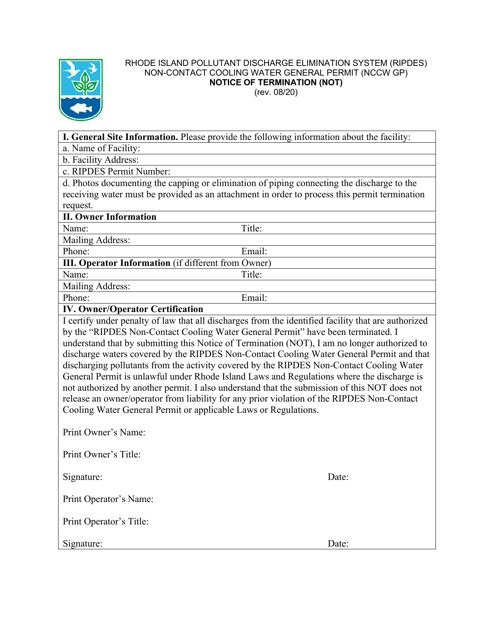Non-contact Cooling Water General Permit (Nccw Gp) Notice of Termination (Not) - Rhode Island Download Pdf