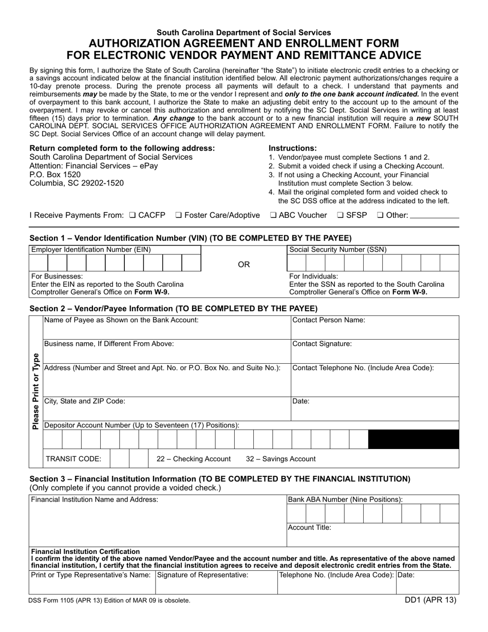 DSS Form 1105 (DD1) Authorization Agreement and Enrollment Form for Electronic Vendor Payment and Remittance Advice - South Carolina, Page 1