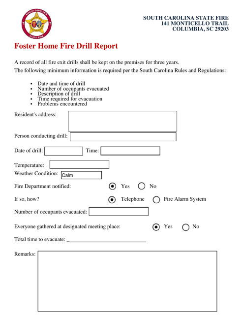 Foster Home Fire Drill Report - South Carolina Download Pdf