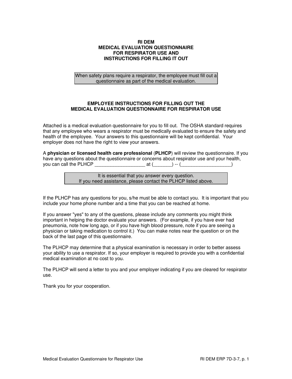 Form 7D-3-7 Medical Evaluation Questionnaire for Respirator Use - Rhode Island, Page 1