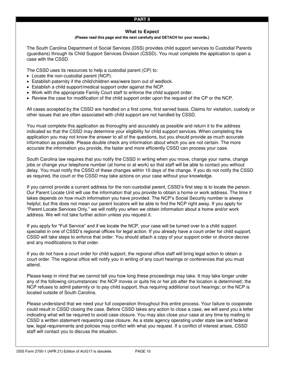 DSS Form 2700-1 Custodial Parents Application for Child Support Services - South Carolina, Page 10