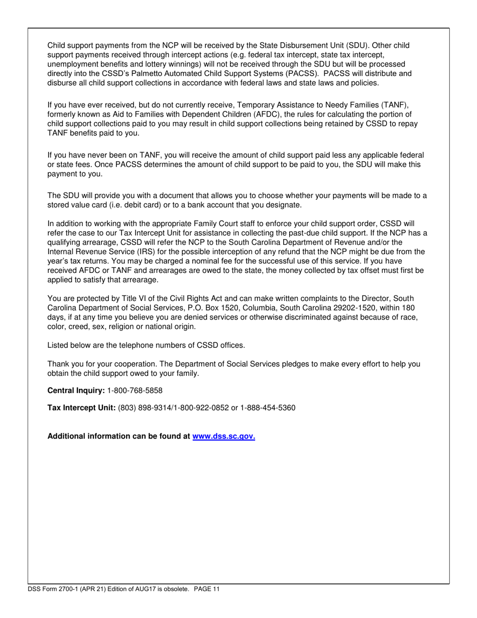 DSS Form 2700-1 Custodial Parents Application for Child Support Services - South Carolina, Page 11