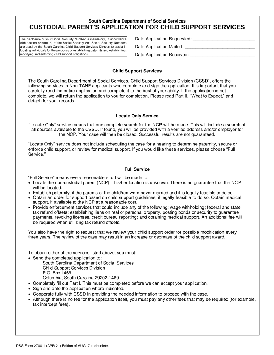 DSS Form 2700-1 Custodial Parent's Application for Child Support Services - South Carolina, Page 1
