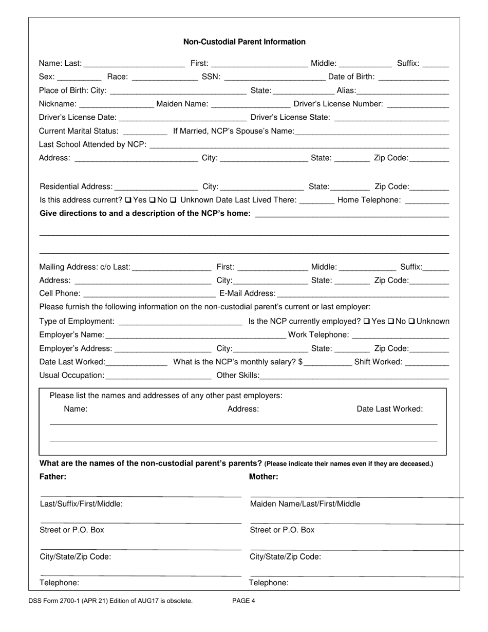 DSS Form 2700-1 Download Fillable PDF or Fill Online Custodial Parent's ...