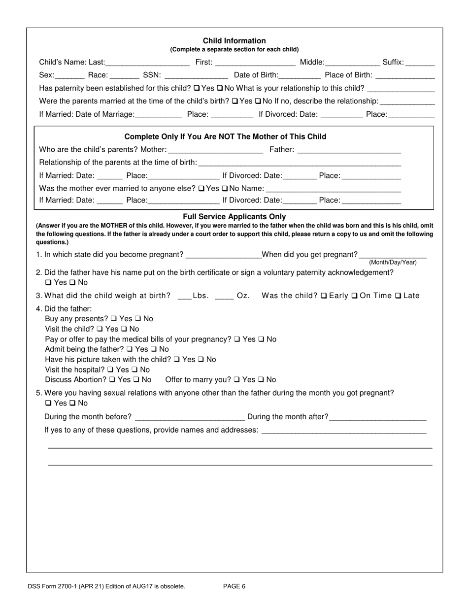 DSS Form 2700-1 Custodial Parents Application for Child Support Services - South Carolina, Page 6
