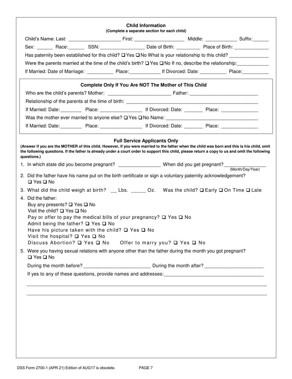 DSS Form 2700-1 Custodial Parents Application for Child Support Services - South Carolina, Page 7
