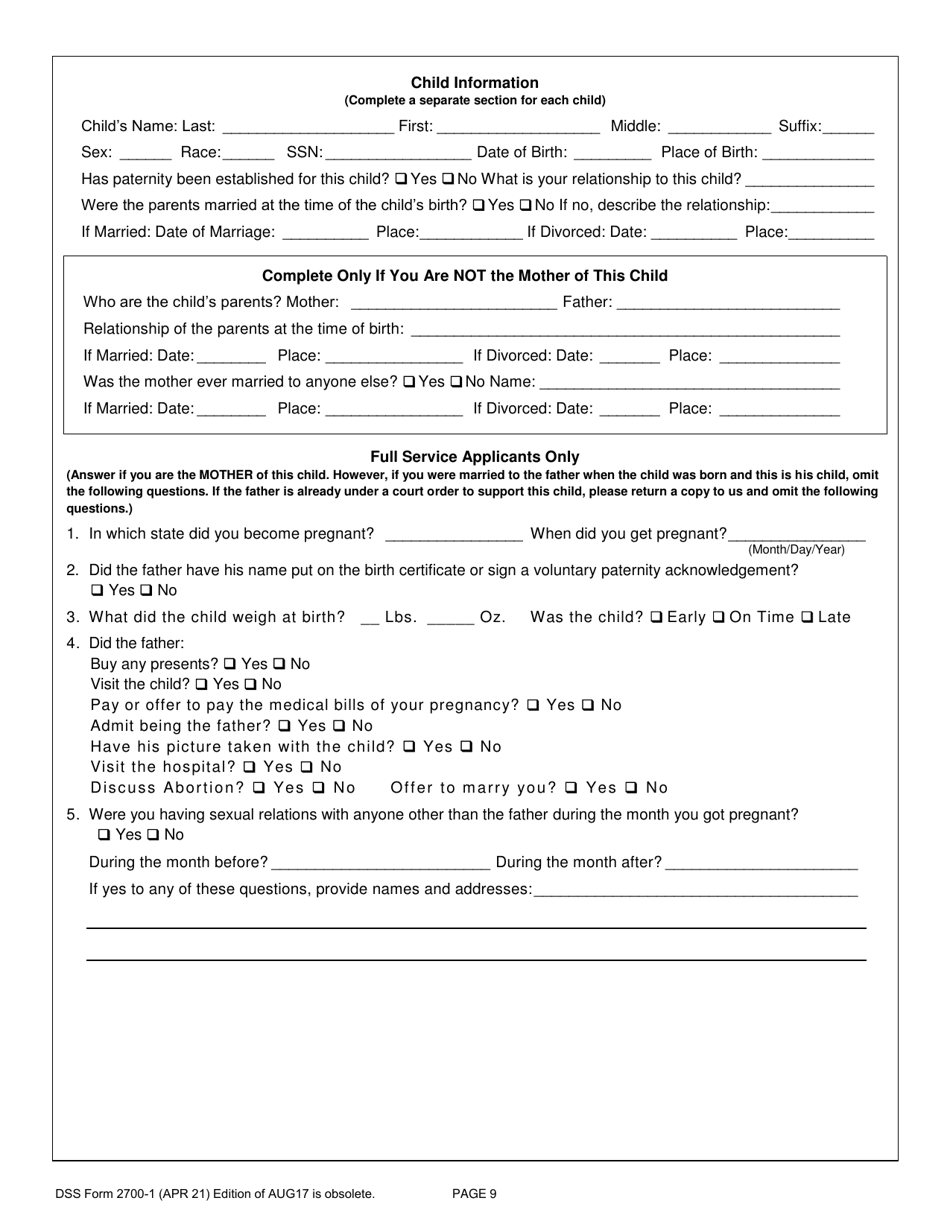 DSS Form 2700-1 Custodial Parents Application for Child Support Services - South Carolina, Page 9