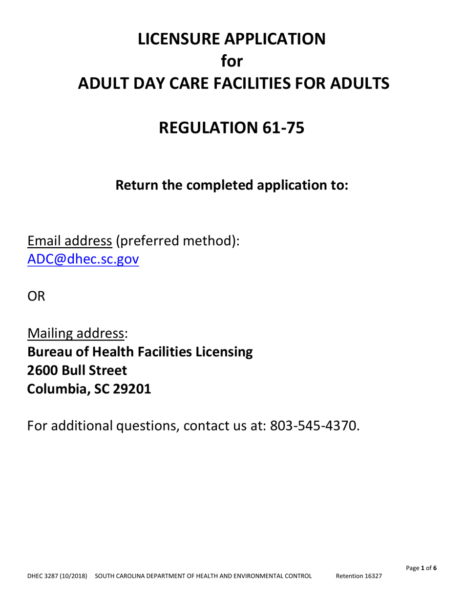 DHEC Form 3287 Application for Day Care Facility for Adults - South Carolina, Page 1