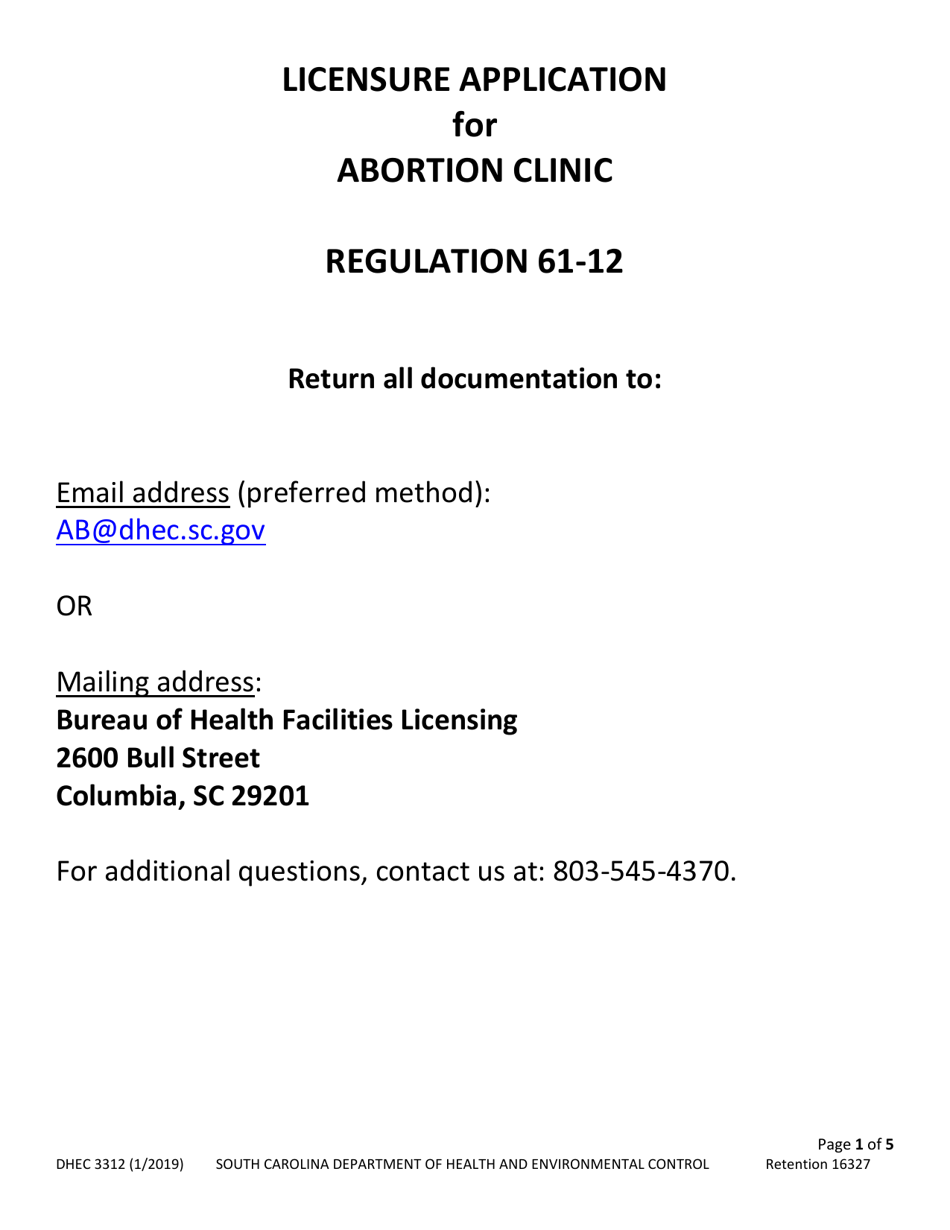 DHEC Form 3312 Application for Abortion Clinic - South Carolina, Page 1