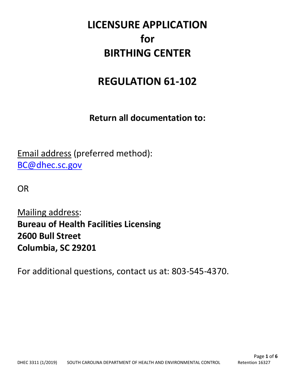 DHEC Form 3311 Application for Birthing Centers for Deliveries by Midwives - South Carolina, Page 1