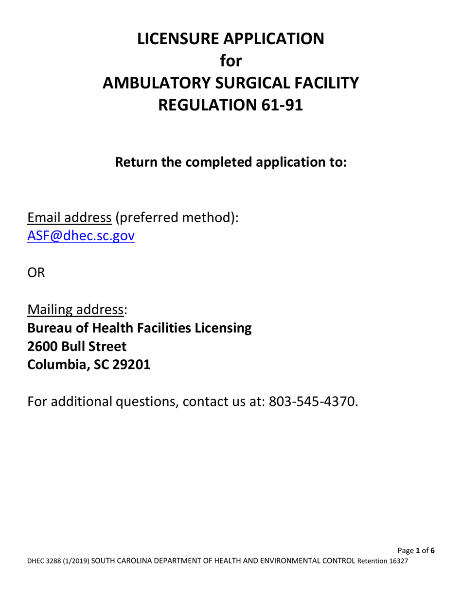 DHEC Form 3288 Application for Ambulatory Surgical Facilities - South Carolina, Page 1