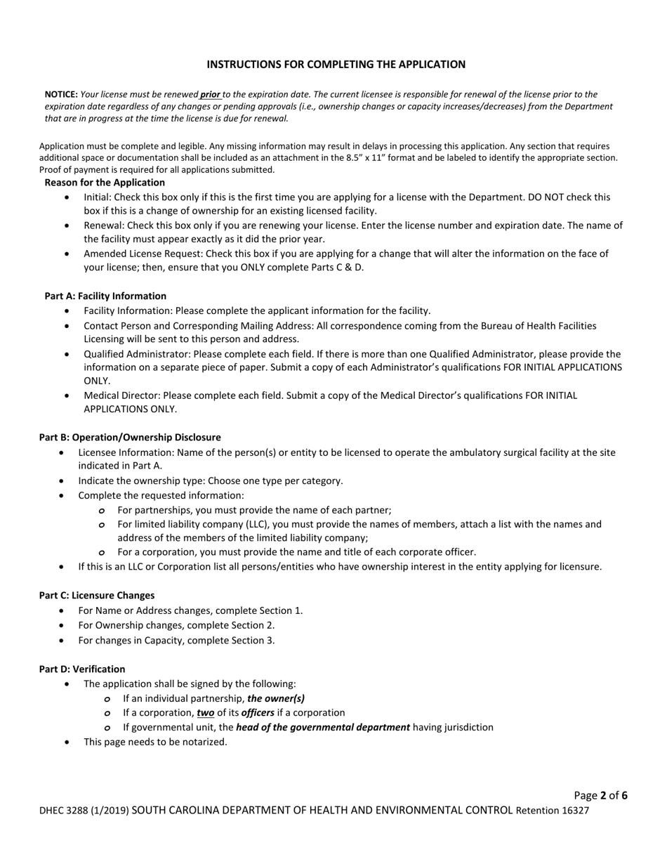 DHEC Form 3288 Application for Ambulatory Surgical Facilities - South Carolina, Page 2