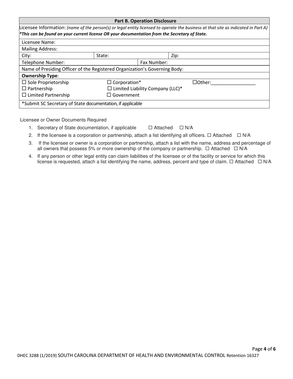 DHEC Form 3288 Application for Ambulatory Surgical Facilities - South Carolina, Page 4