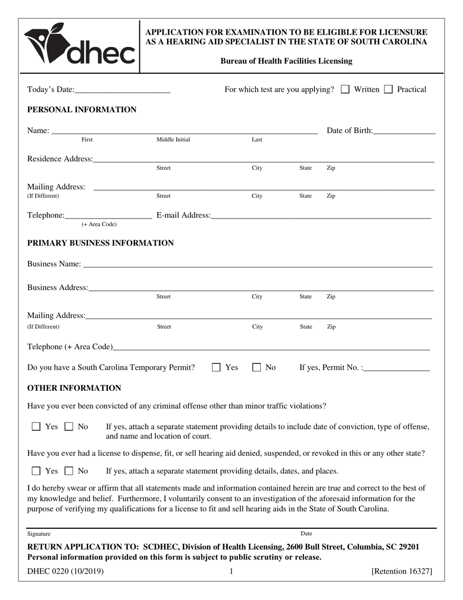 DHEC Form 0220 Application for Examination to Be Eligible for Licensure as a Hearing Aid Specialist in the State of South Carolina - South Carolina, Page 1