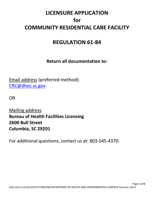 DHEC Form 0217 Community Residential Care Facility - South Carolina