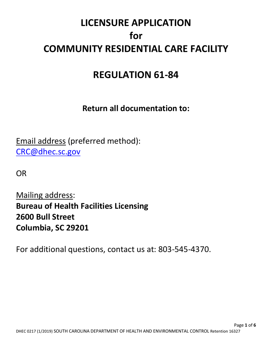 DHEC Form 0217 Community Residential Care Facility - South Carolina, Page 1