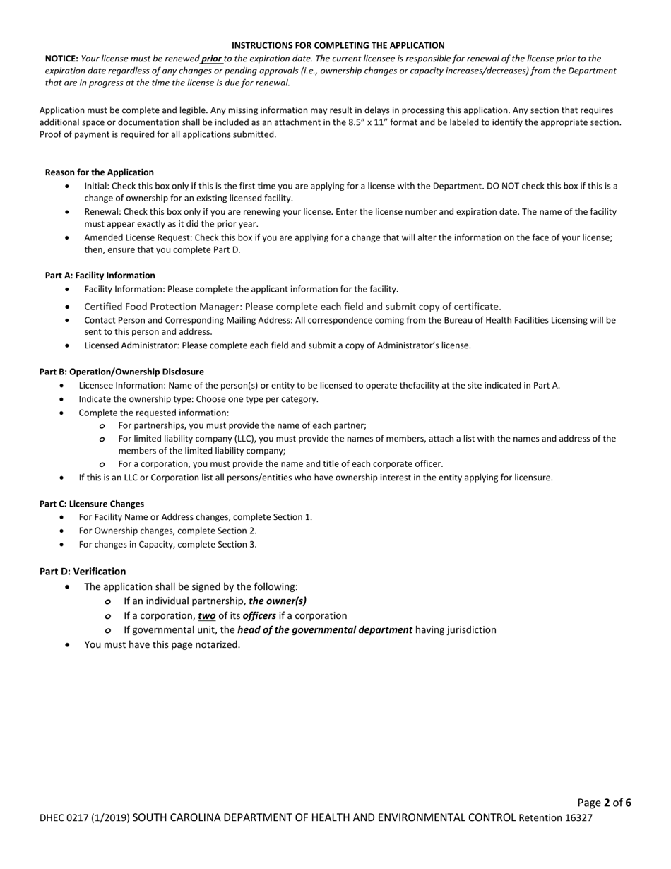 DHEC Form 0217 Community Residential Care Facility - South Carolina, Page 2