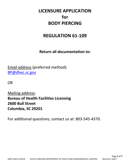 DHEC Form 0264 Application for Body Piercing - South Carolina
