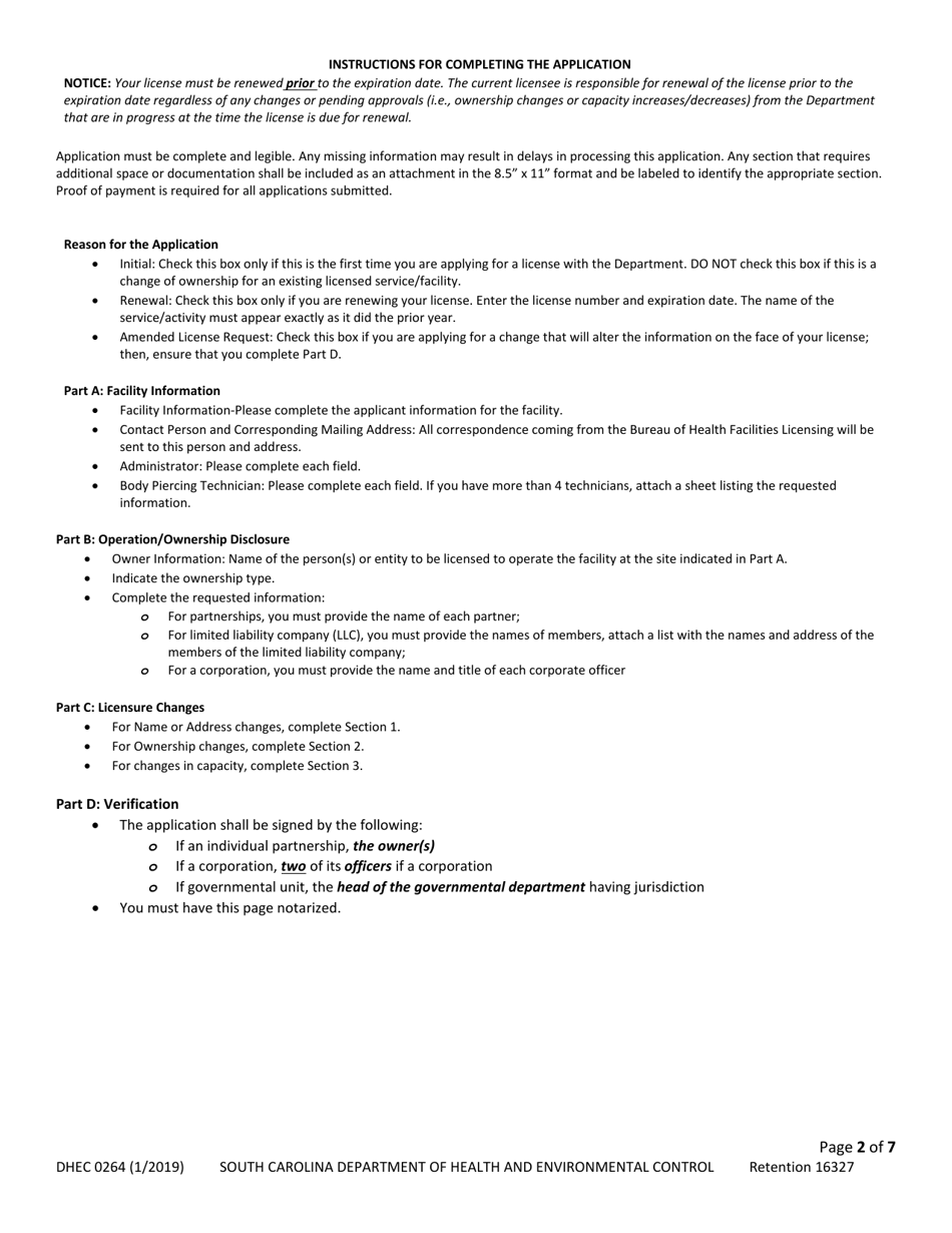 DHEC Form 0264 Application for Body Piercing - South Carolina, Page 2