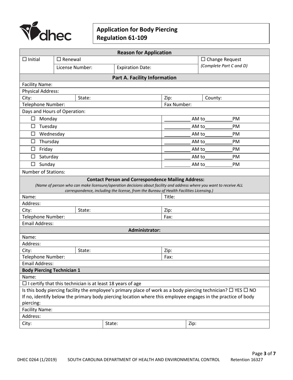 DHEC Form 0264 Application for Body Piercing - South Carolina, Page 3